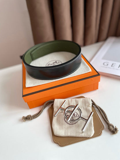 H ULYSSE BELT 38MM SILVER BUCKLE BLACK GREEN LEATHER