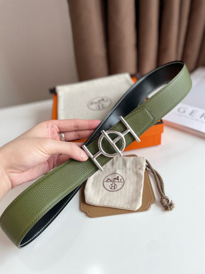 H ULYSSE BELT 38MM SILVER BUCKLE BLACK GREEN LEATHER