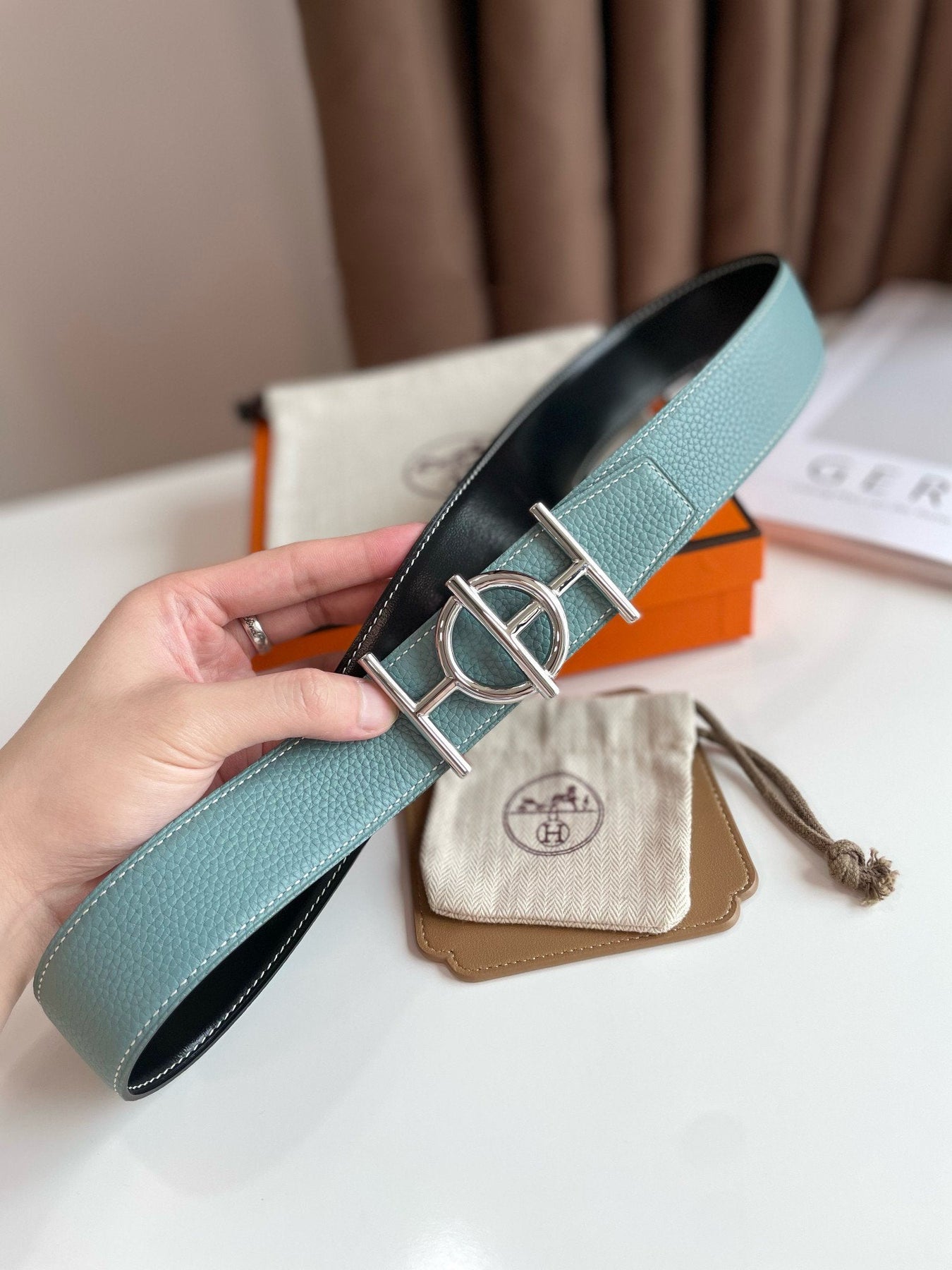 H ULYSSE BELT 38MM SILVER BUCKLE BLACK SKY BLUE LEATHER