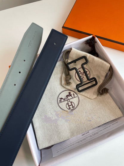 H TONIGHT BELT 38MM BLACK BUCKLE DARK BLUE GREY LEATHER