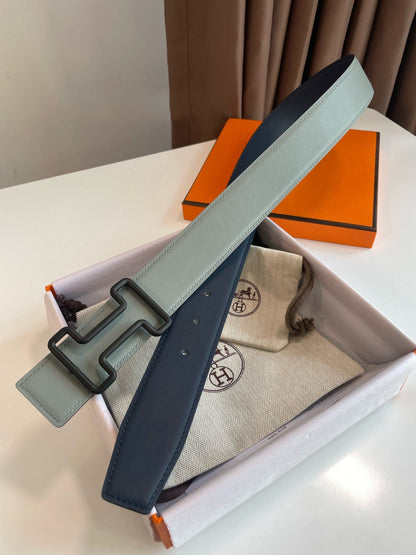 H TONIGHT BELT 38MM BLACK BUCKLE DARK BLUE GREY LEATHER