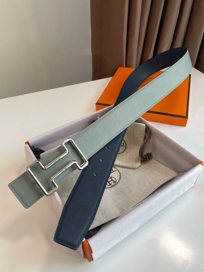 H TONIGHT BELT 38MM SILVER BUCKLE DARK BLUE GREY LEATHER