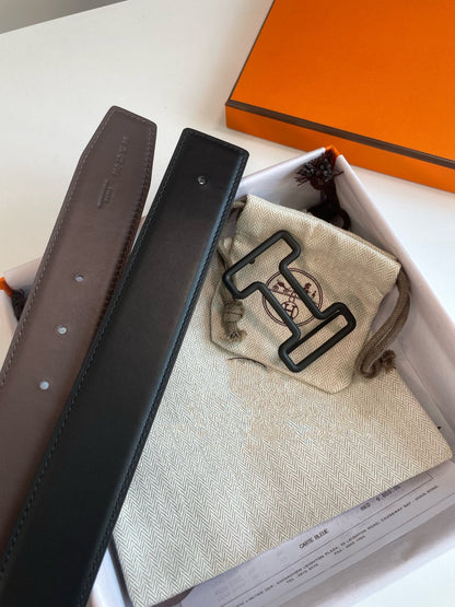 H TONIGHT BELT 38MM BLACK BUCKLE BLACK ETOUPE LEATHER