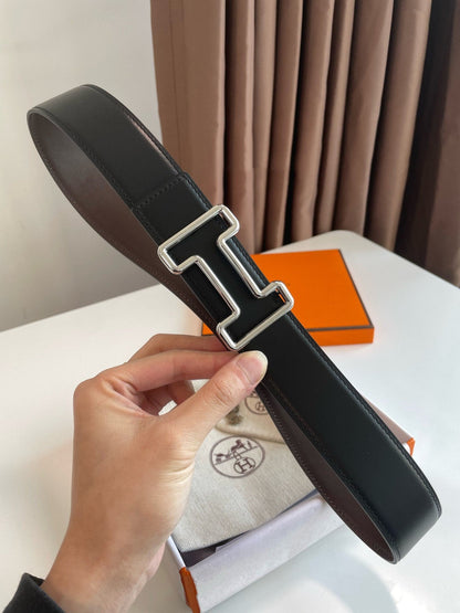 H TONIGHT BELT 38MM SILVER BUCKLE BLACK GRAPHITE LEATHER