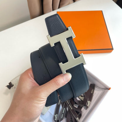 H CONTANCE BELT 38MM SILVER BUCKLE BLUE LEATHER