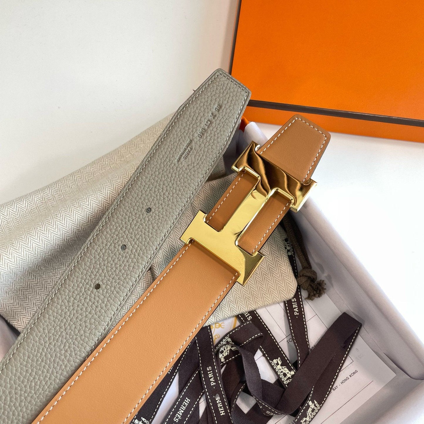 H CONTANCE BELT 38MM GOLD BUCKLE GOLD GREY LEATHER