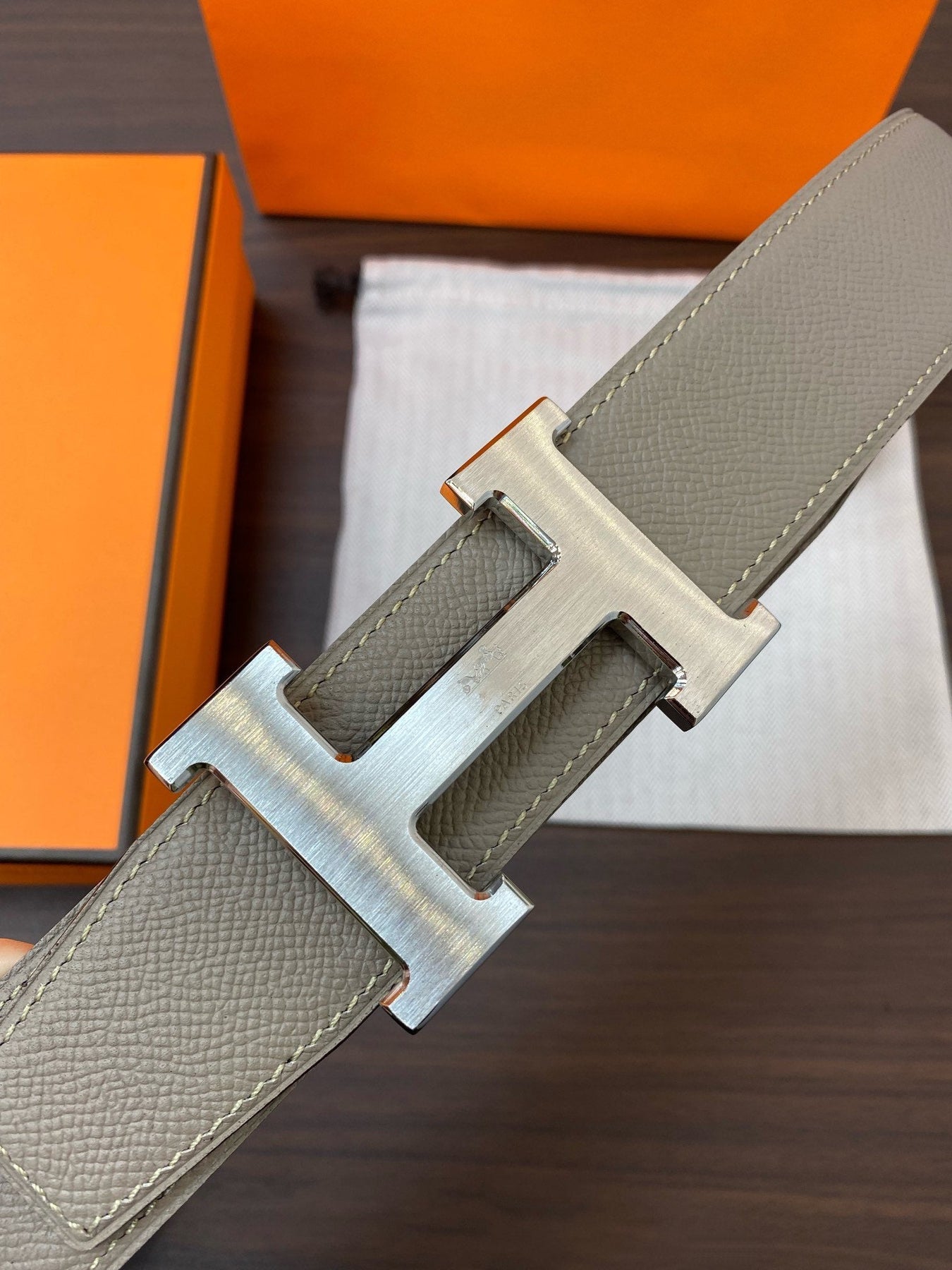 H CONTANCE BELT 38MM SILVER BUCKLE DARK BLUE GREY LEATHER