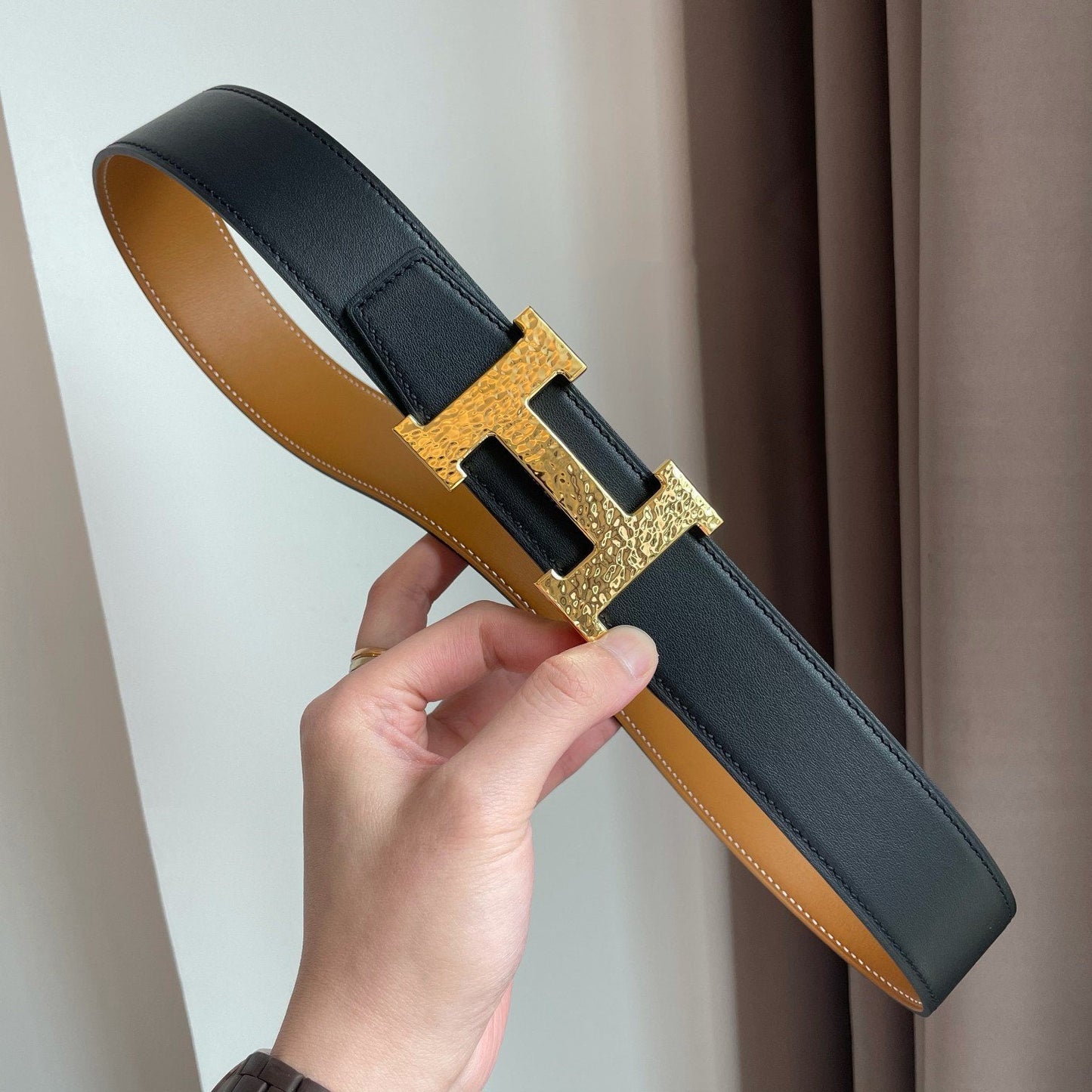 H MARTELEE BELT 38MM BLACK GOLD LEATHER
