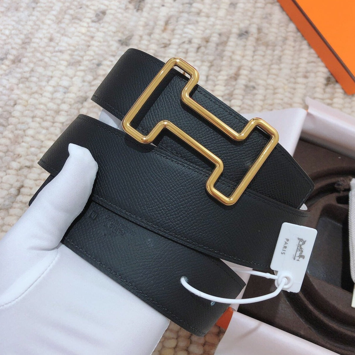 H TONIGHT BELT 38MM BLACK WHITE LEATHER