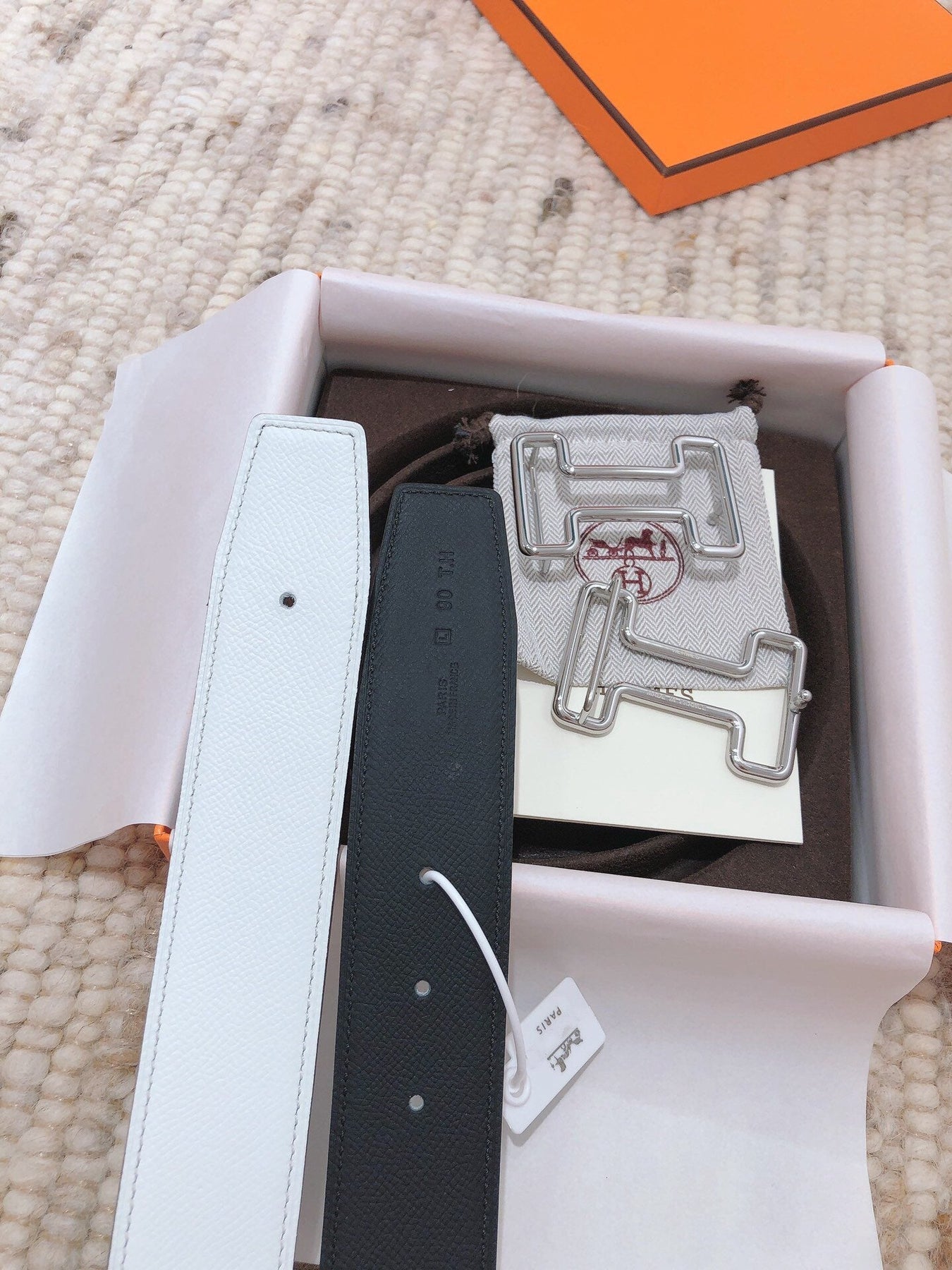 H TONIGHT BELT 38MM BLACK WHITE LEATHER