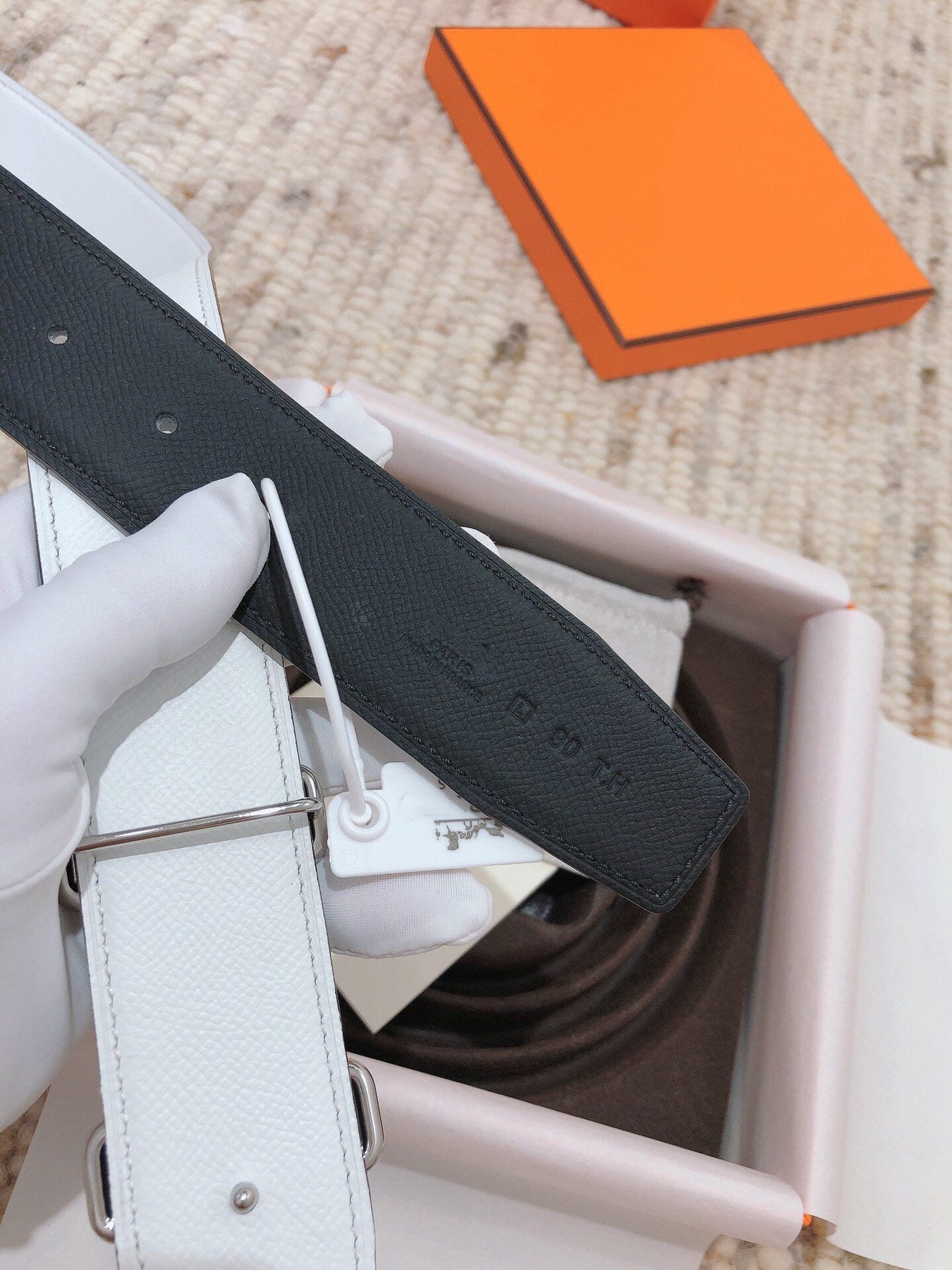 H TONIGHT BELT 38MM BLACK WHITE LEATHER