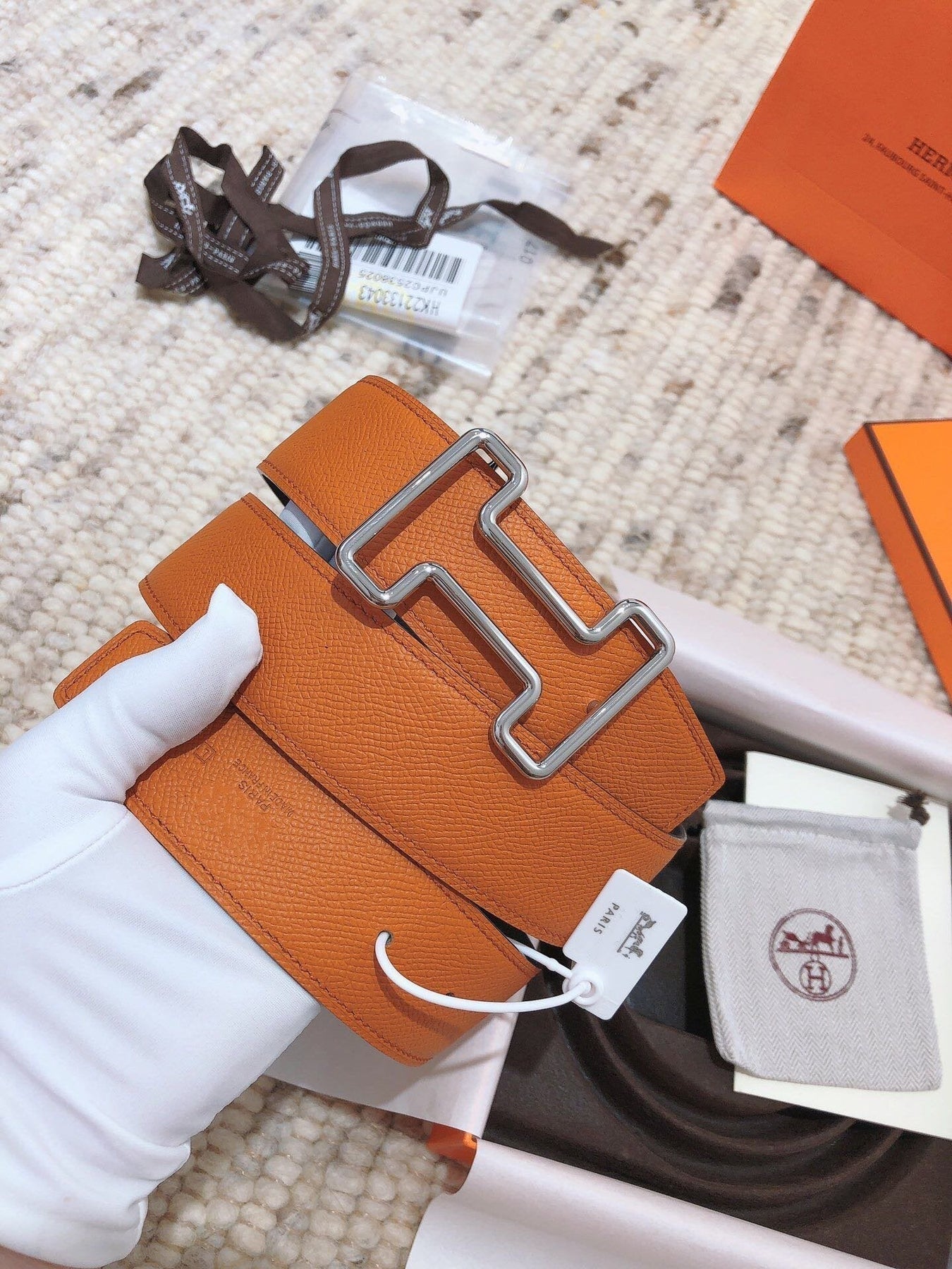 H TONIGHT BELT 38MM ORANGE BLACK LEATHER