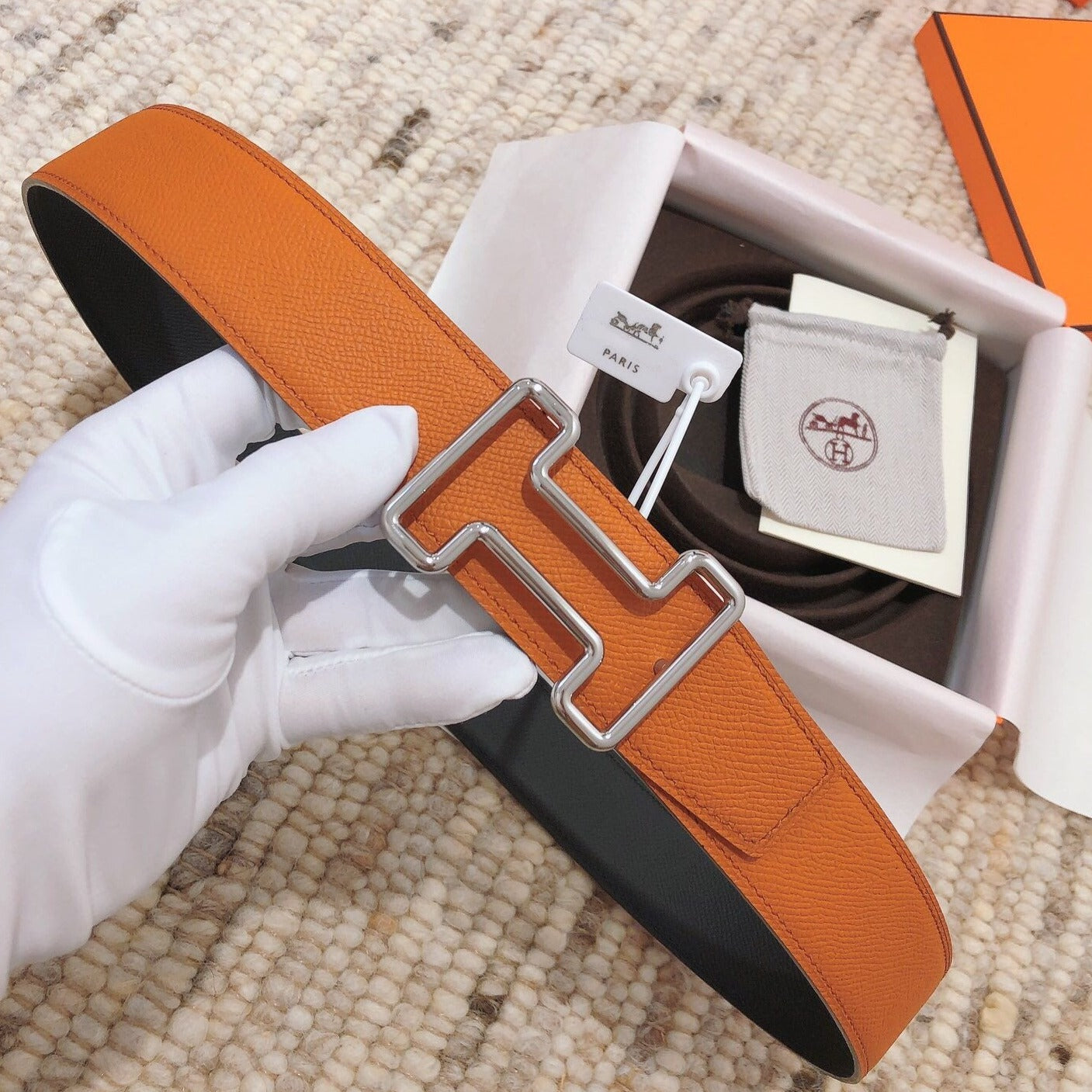 H TONIGHT BELT 38MM ORANGE BLACK LEATHER