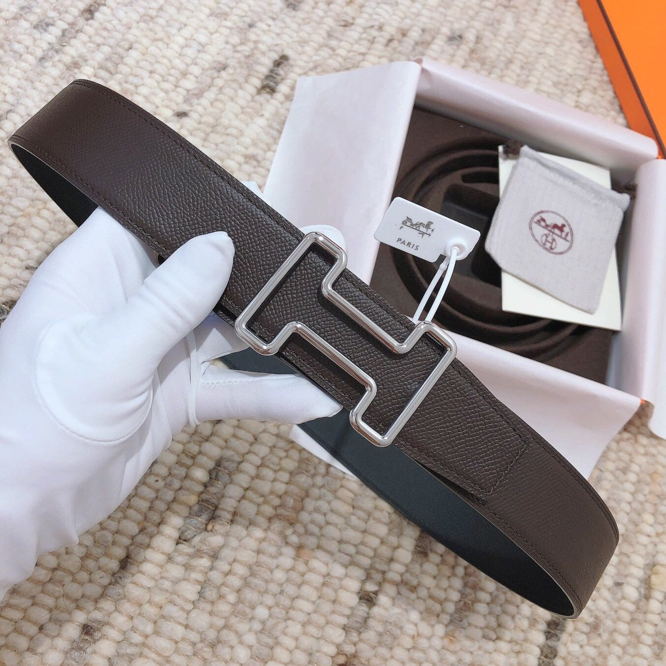 H TONIGHT BELT 38MM CHOCOLATE PRUSSIAN BLUE LEATHER