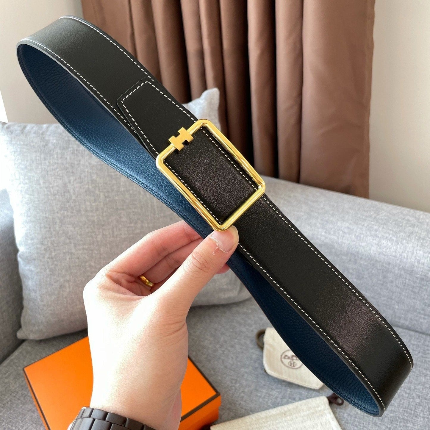 H TUBE BELT 38MM GOLD BUCKLE BLUE BLACK LEATHER