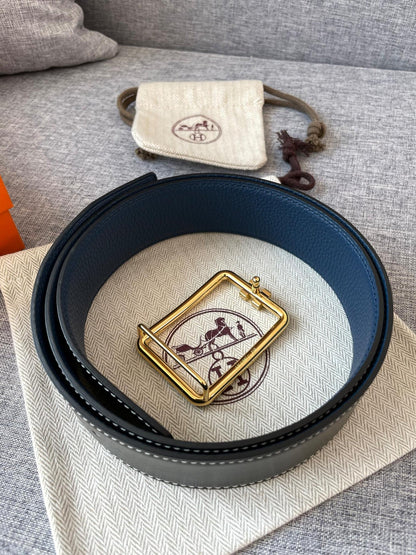 H TUBE BELT 38MM GOLD BUCKLE BLUE BLACK LEATHER