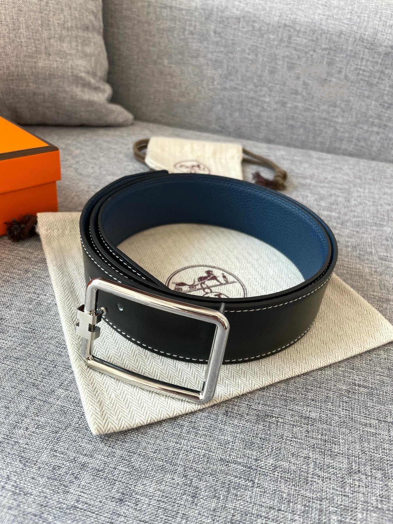 H TUBE BELT 38MM SILVER BUCKLE BLUE BLACK LEATHER