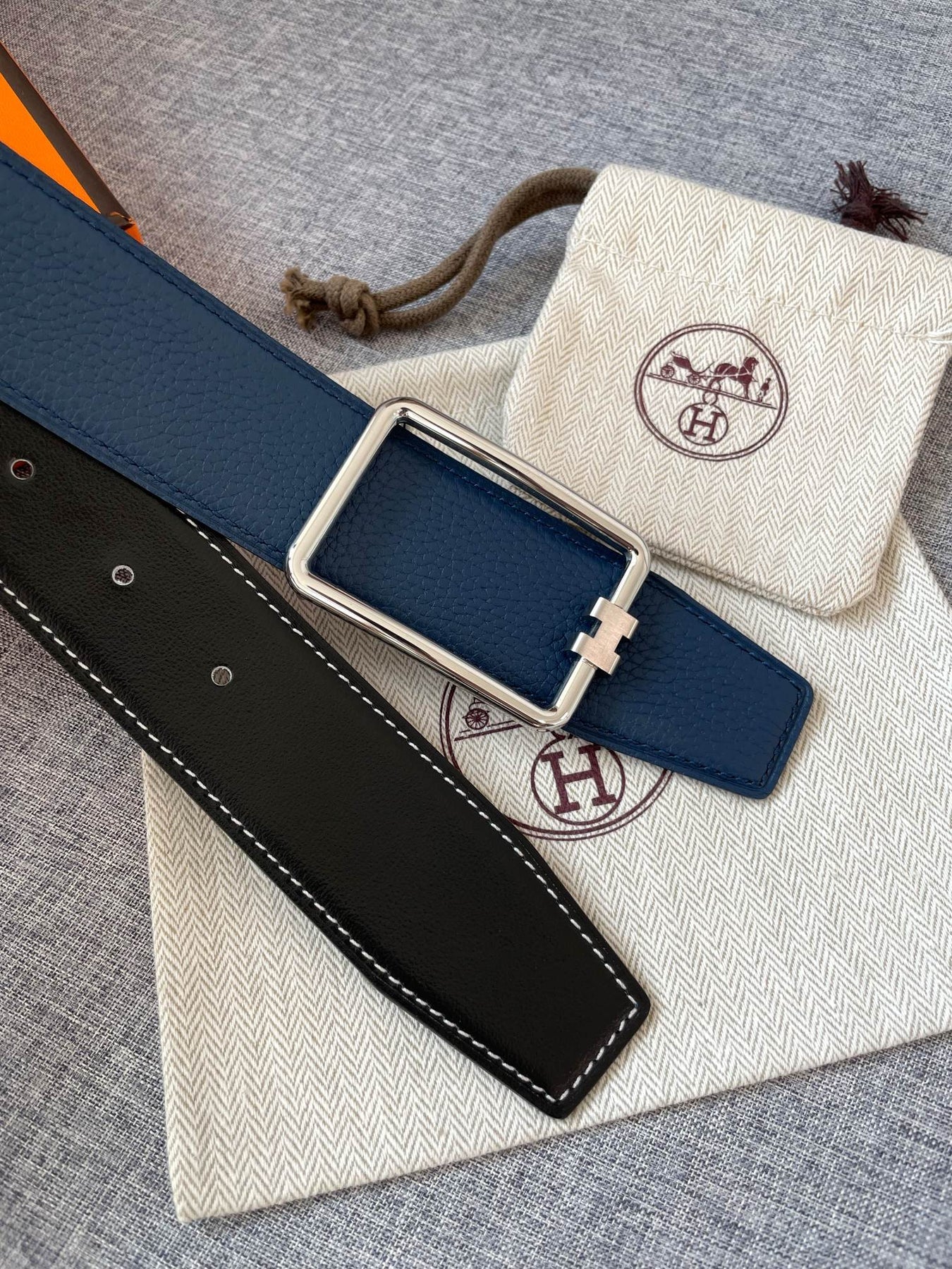 H TUBE BELT 38MM SILVER BUCKLE BLUE BLACK LEATHER