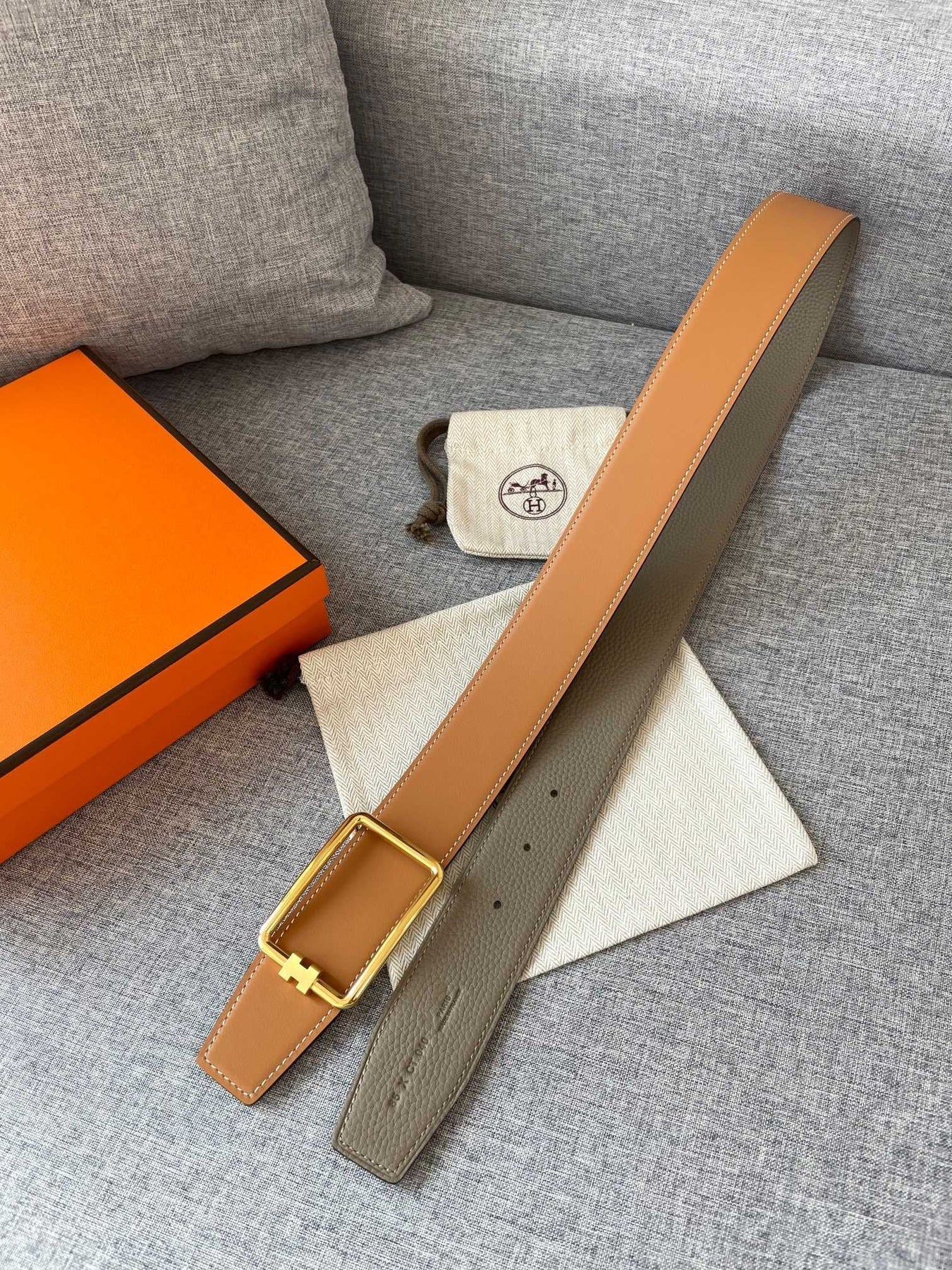 H TUBE BELT 38MM GOLD BUCKLE TIN GREY GOLD LEATHER