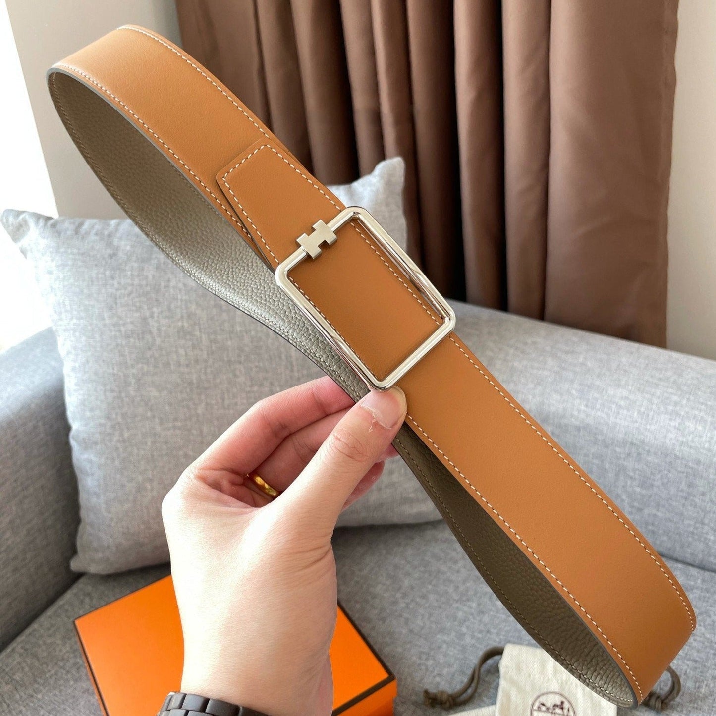 H TUBE BELT 38MM SILVER BUCKLE TIN GREY GOLD LEATHER