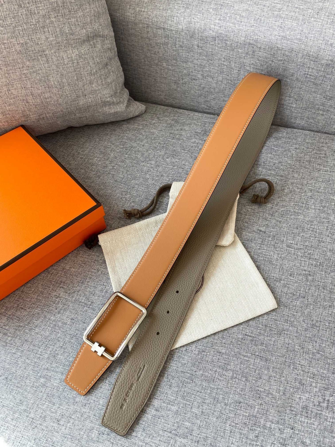 H TUBE BELT 38MM SILVER BUCKLE TIN GREY GOLD LEATHER