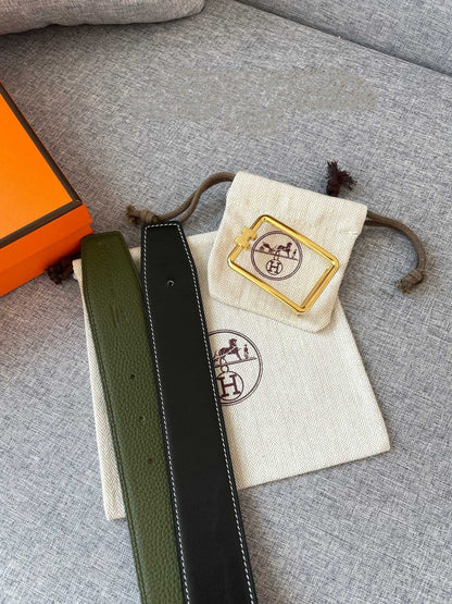 H TUBE BELT 38MM GOLD BUCKLE GREEN BLACK LEATHER