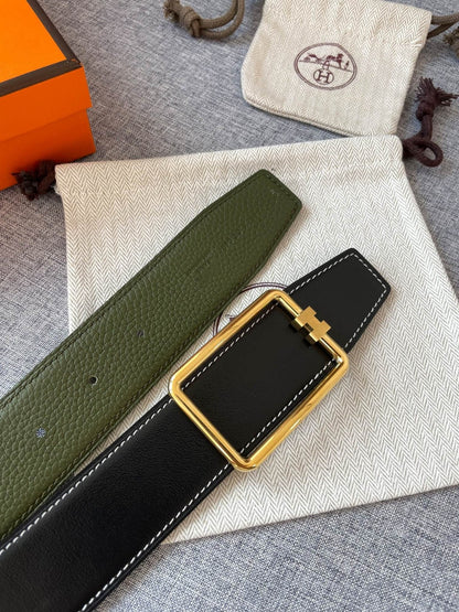 H TUBE BELT 38MM GOLD BUCKLE GREEN BLACK LEATHER