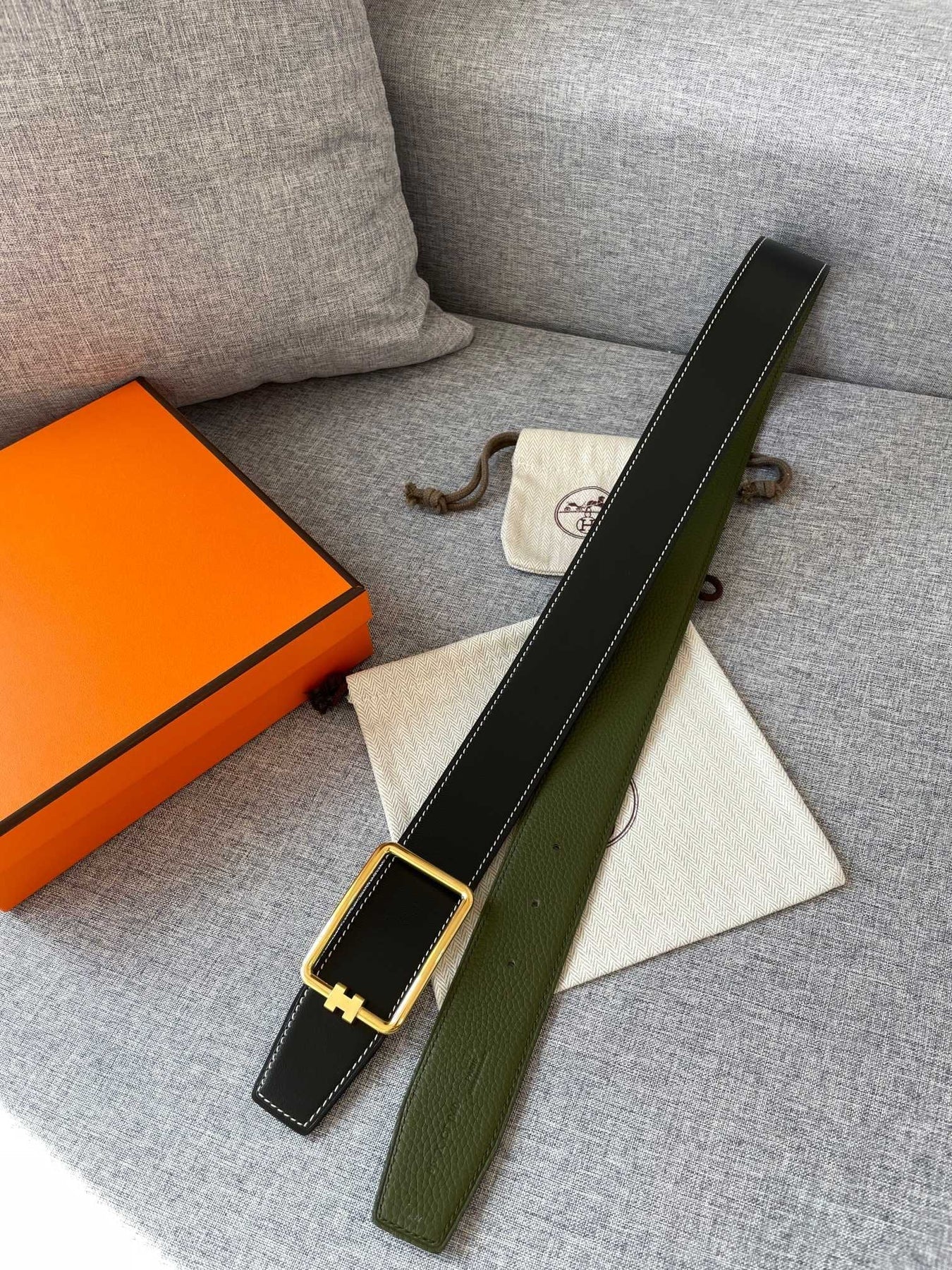 H TUBE BELT 38MM GOLD BUCKLE GREEN BLACK LEATHER