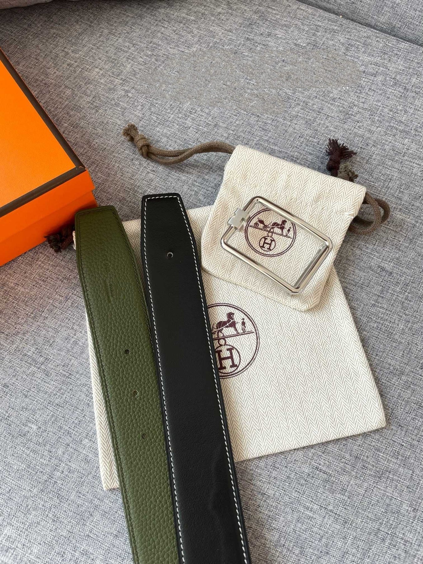 H TUBE BELT 38MM SILVER BUCKLE GREEN BLACK LEATHER