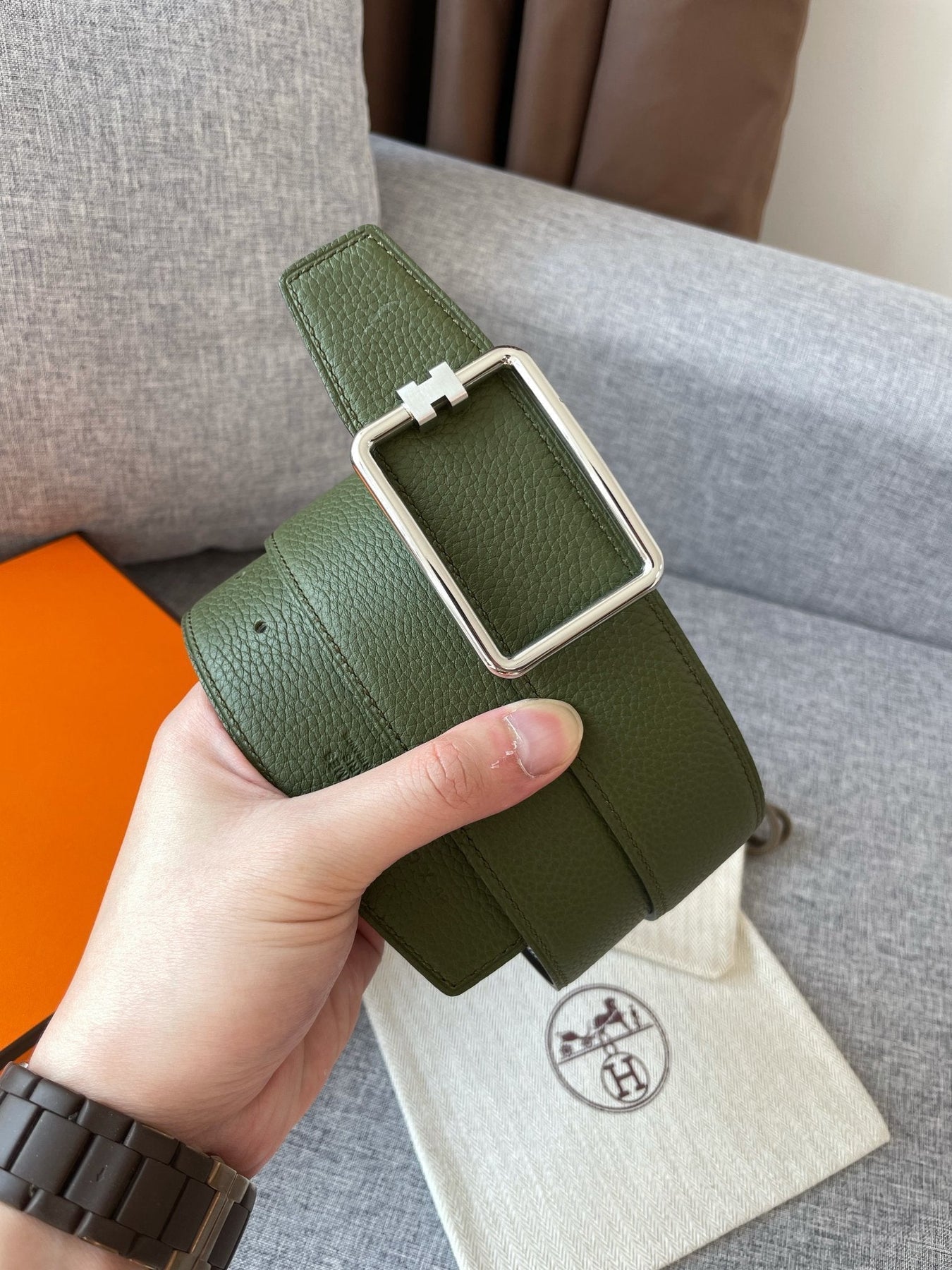 H TUBE BELT 38MM SILVER BUCKLE GREEN BLACK LEATHER