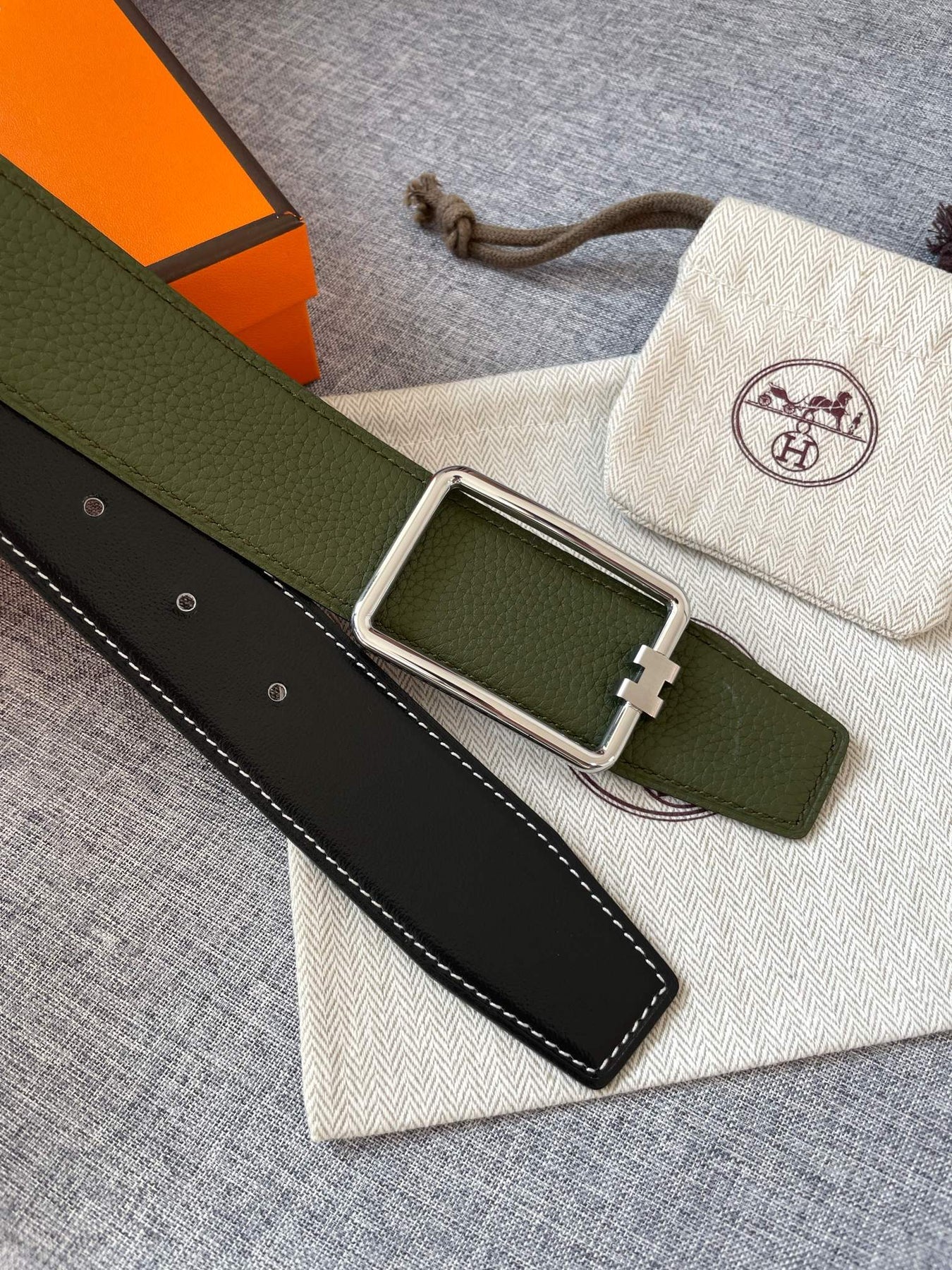 H TUBE BELT 38MM SILVER BUCKLE GREEN BLACK LEATHER