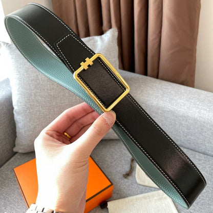 H TUBE BELT 38MM GOLD BUCKLE SKY BLUE BLACK LEATHER