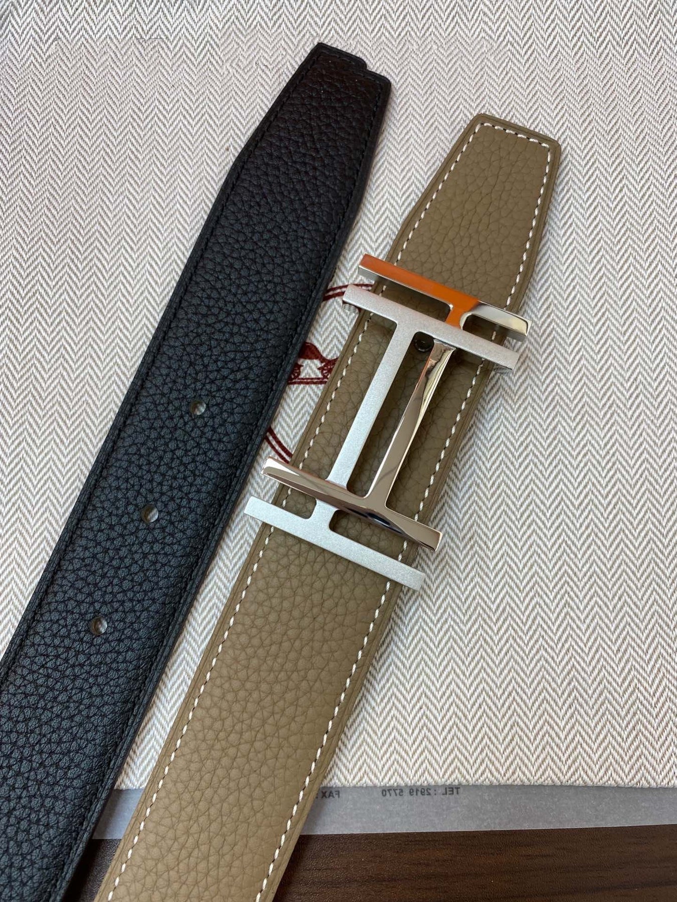 DOUBLE H BELT 32MM SILVER BUCKLE BLACK ETOUPE LEATHER