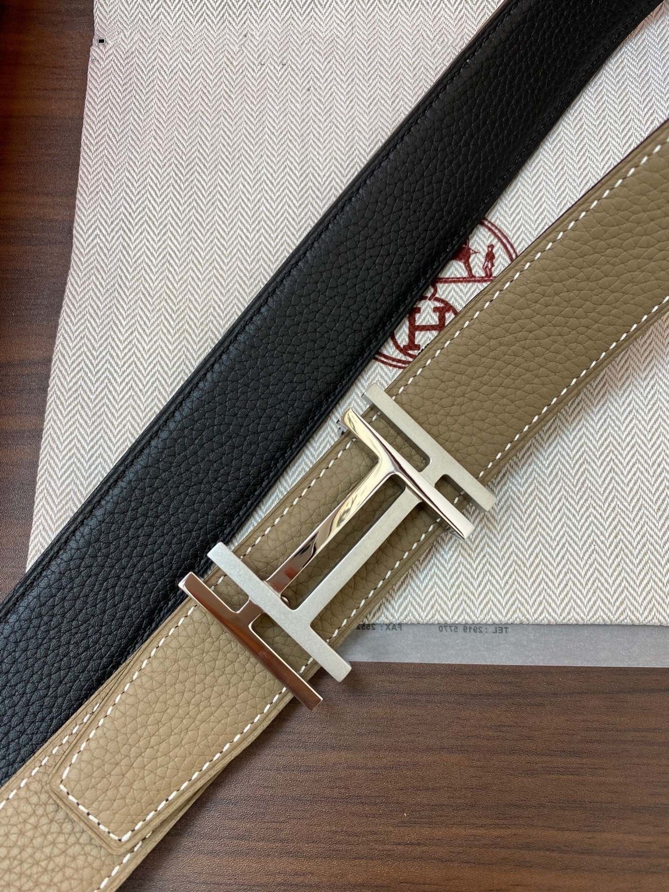 DOUBLE H BELT 32MM SILVER BUCKLE BLACK ETOUPE LEATHER