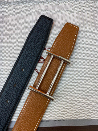 H RIDER RIVERSIBLE BELT 32MM SILVER BUCKLE PRUSSIAN BLUE GOLD LEATHER