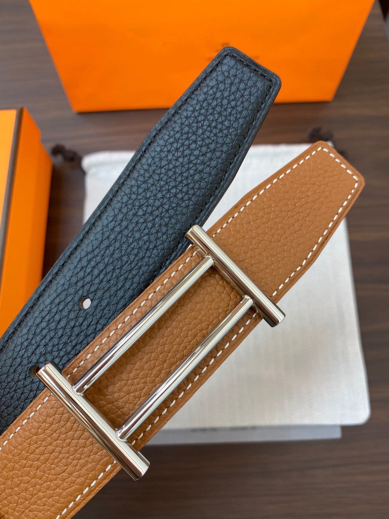 H RIDER RIVERSIBLE BELT 32MM SILVER BUCKLE PRUSSIAN BLUE GOLD LEATHER