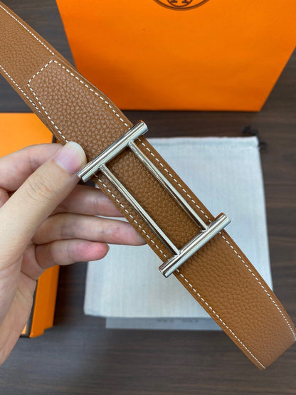 H RIDER RIVERSIBLE BELT 32MM SILVER BUCKLE PRUSSIAN BLUE GOLD LEATHER