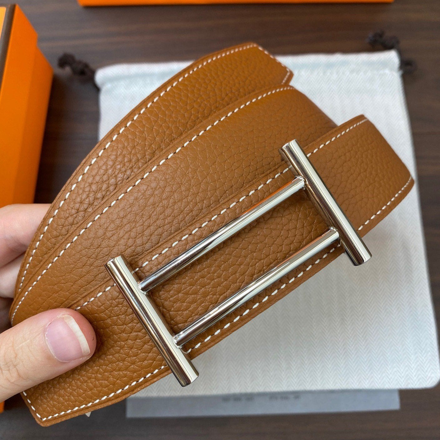 H RIDER RIVERSIBLE BELT 32MM SILVER BUCKLE PRUSSIAN BLUE GOLD LEATHER