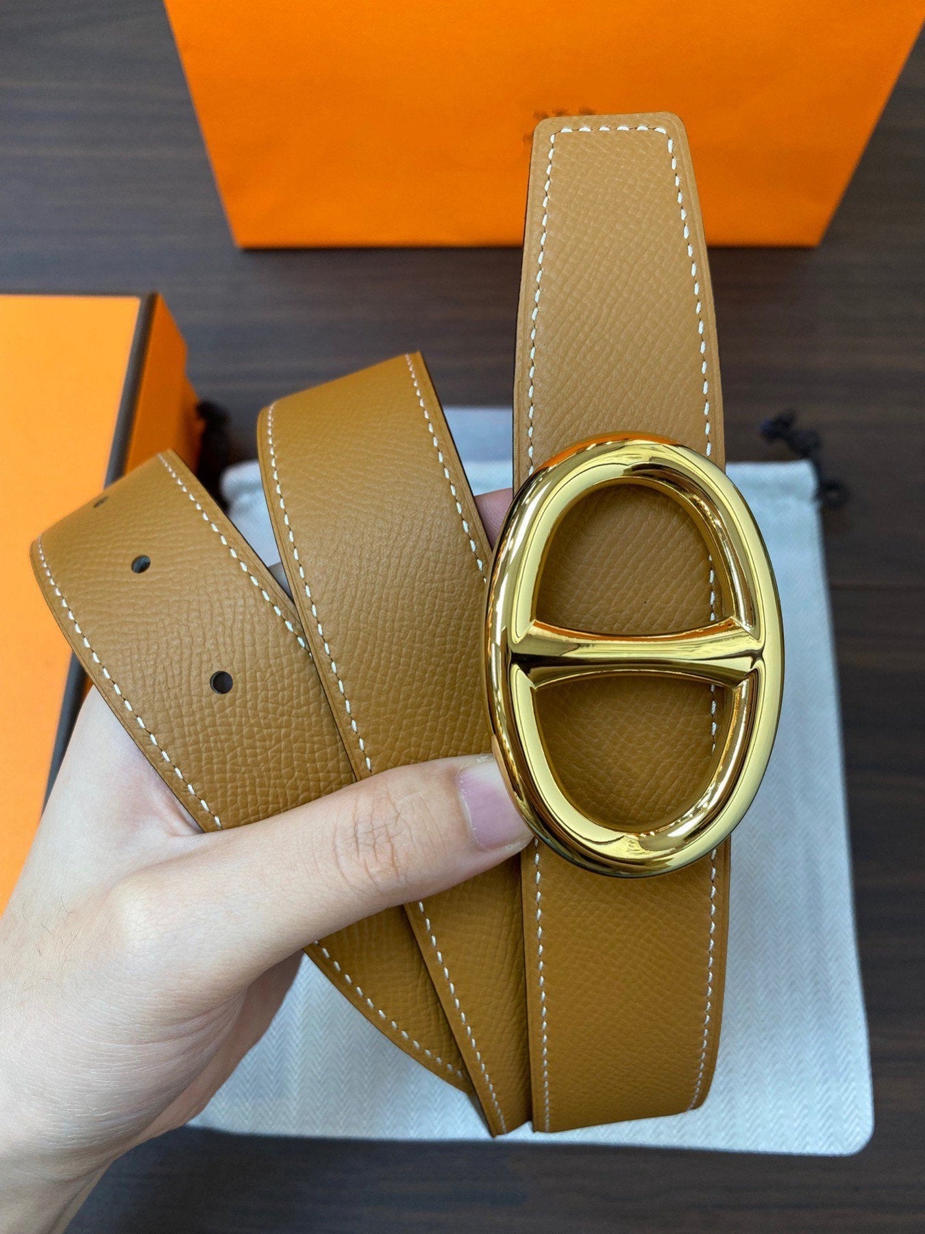 H TWIN REVERSIBLE BELT 32MM GOLD BUCKLE GREEN GREY GOLD LEATHER