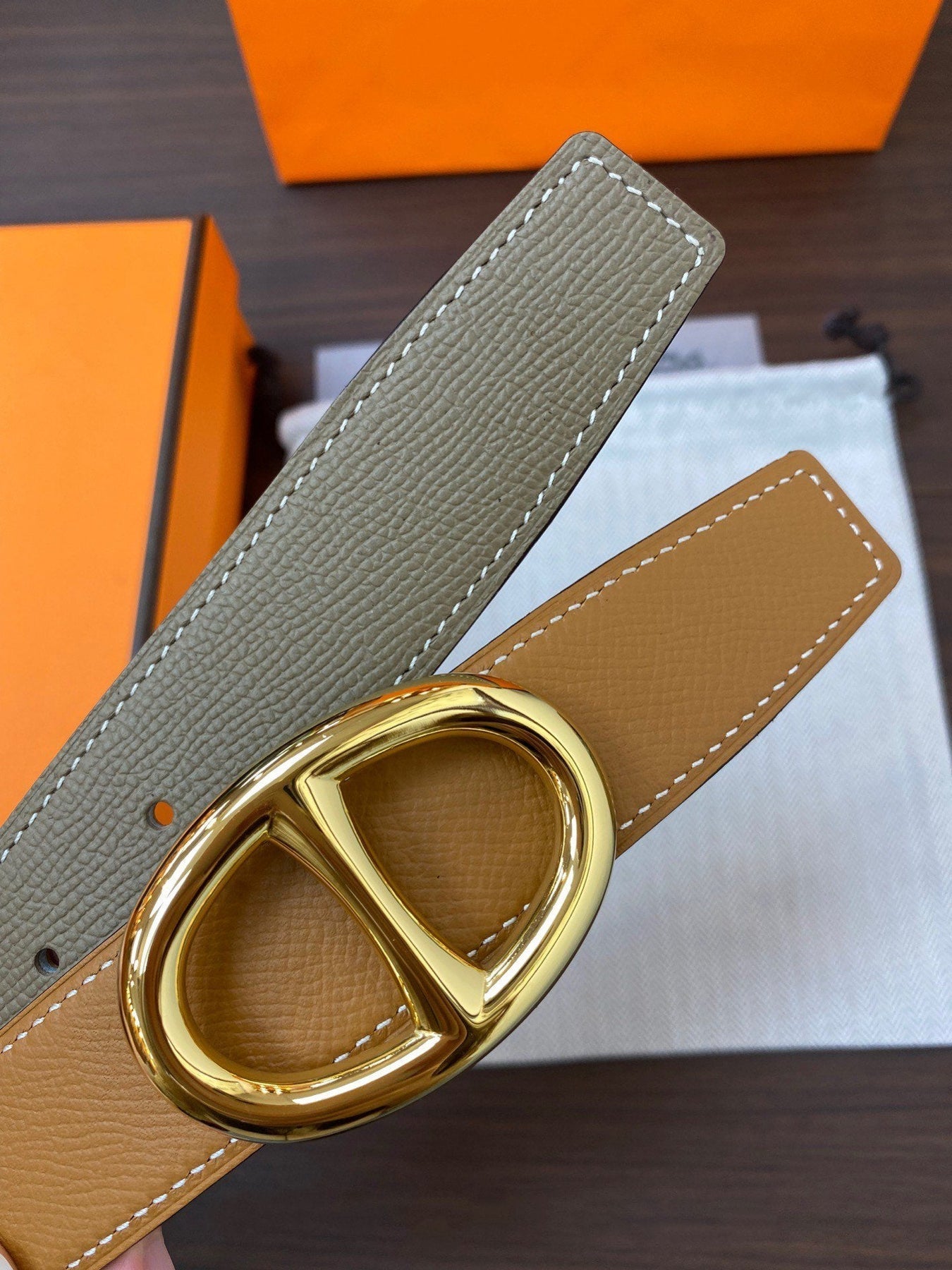 H TWIN REVERSIBLE BELT 32MM GOLD BUCKLE GREEN GREY GOLD LEATHER