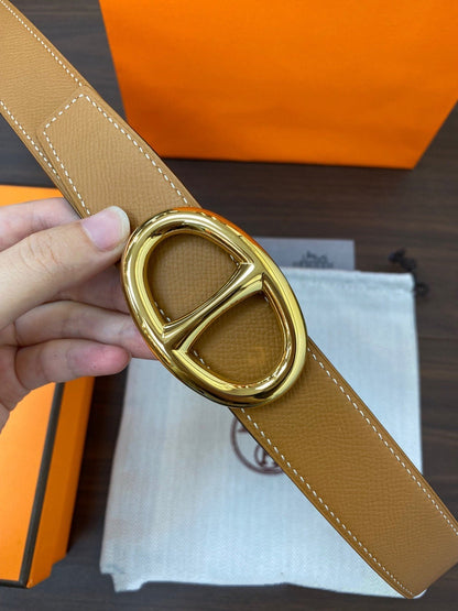 H TWIN REVERSIBLE BELT 32MM GOLD BUCKLE GREEN GREY GOLD LEATHER