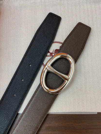 H TWIN REVERSIBLE BELT 32MM SILVER BUCKLE CHOCOLATE DARK BLUE LEATHER