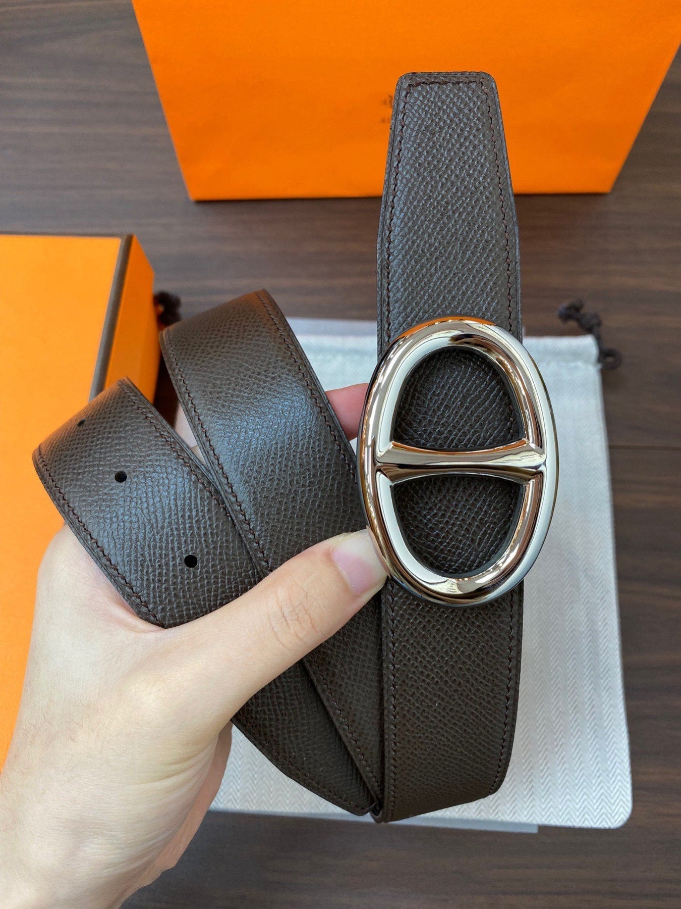 H TWIN REVERSIBLE BELT 32MM SILVER BUCKLE CHOCOLATE DARK BLUE LEATHER