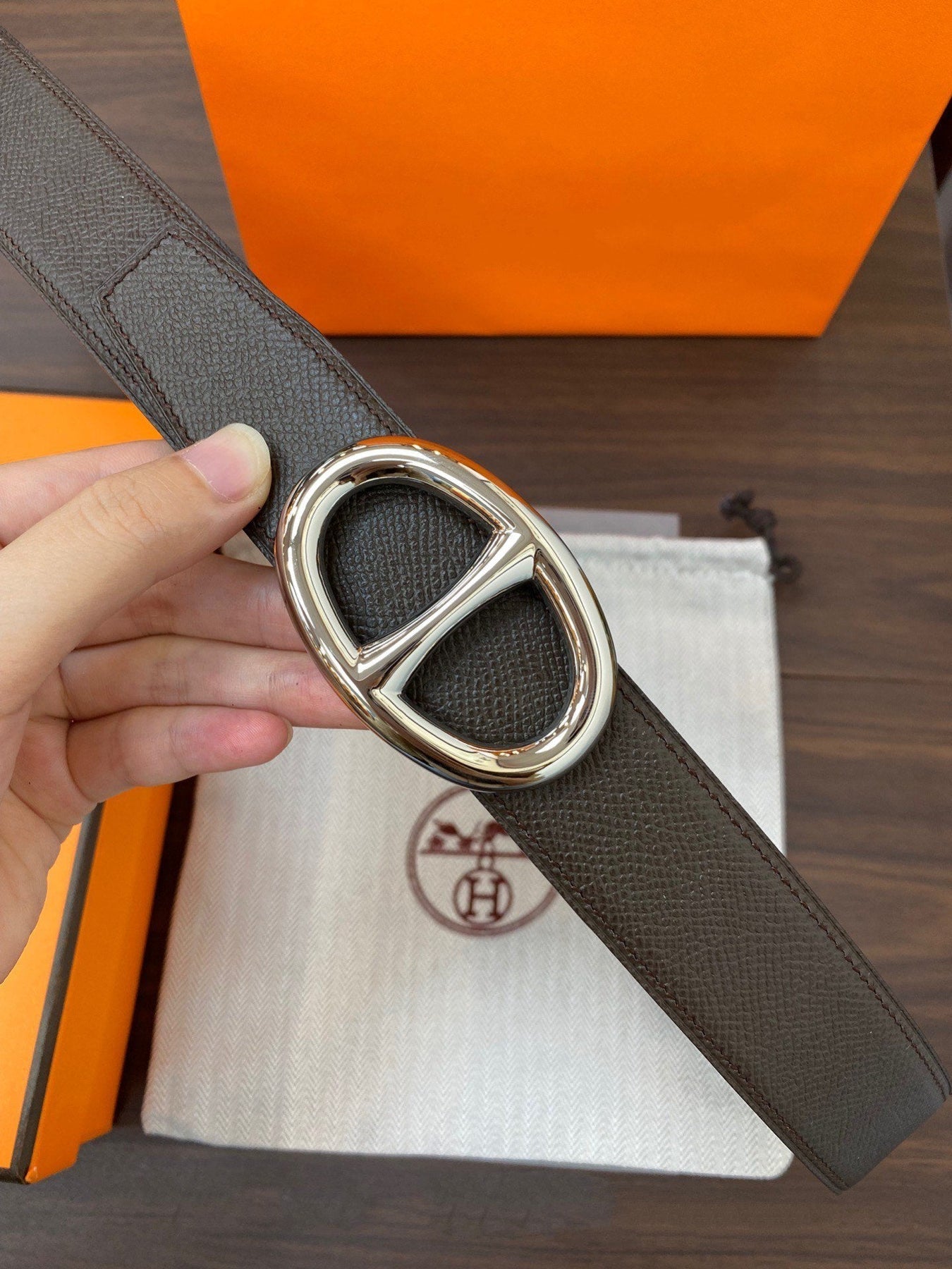 H TWIN REVERSIBLE BELT 32MM SILVER BUCKLE CHOCOLATE DARK BLUE LEATHER