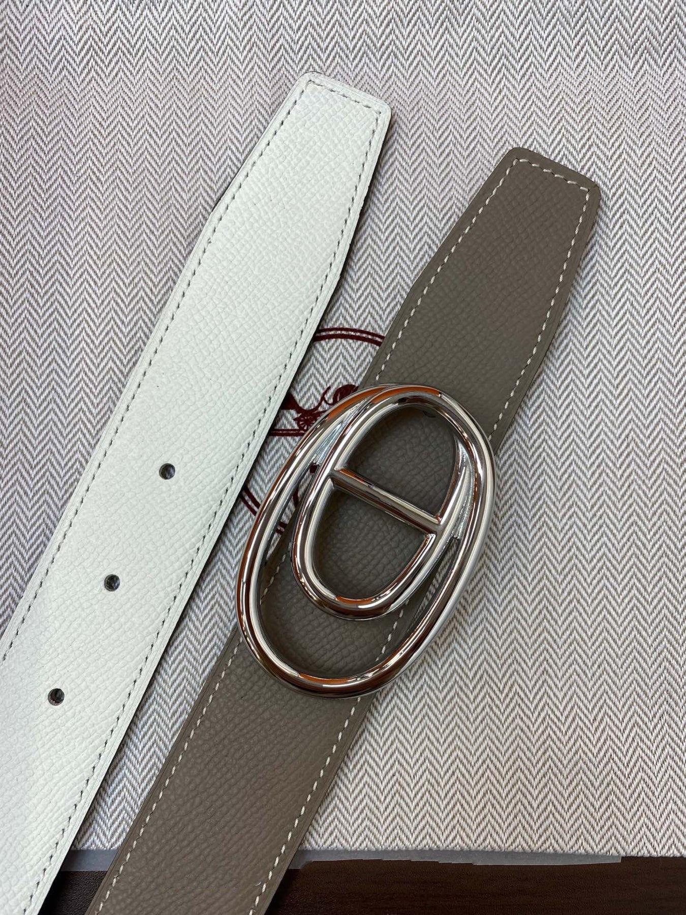 H ODYSSEE RIVERSIBLE BELT 32MM SILVER BUCKLE WHITE GREY LEATHER
