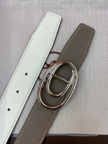 H ODYSSEE RIVERSIBLE BELT 32MM SILVER BUCKLE WHITE GREY LEATHER