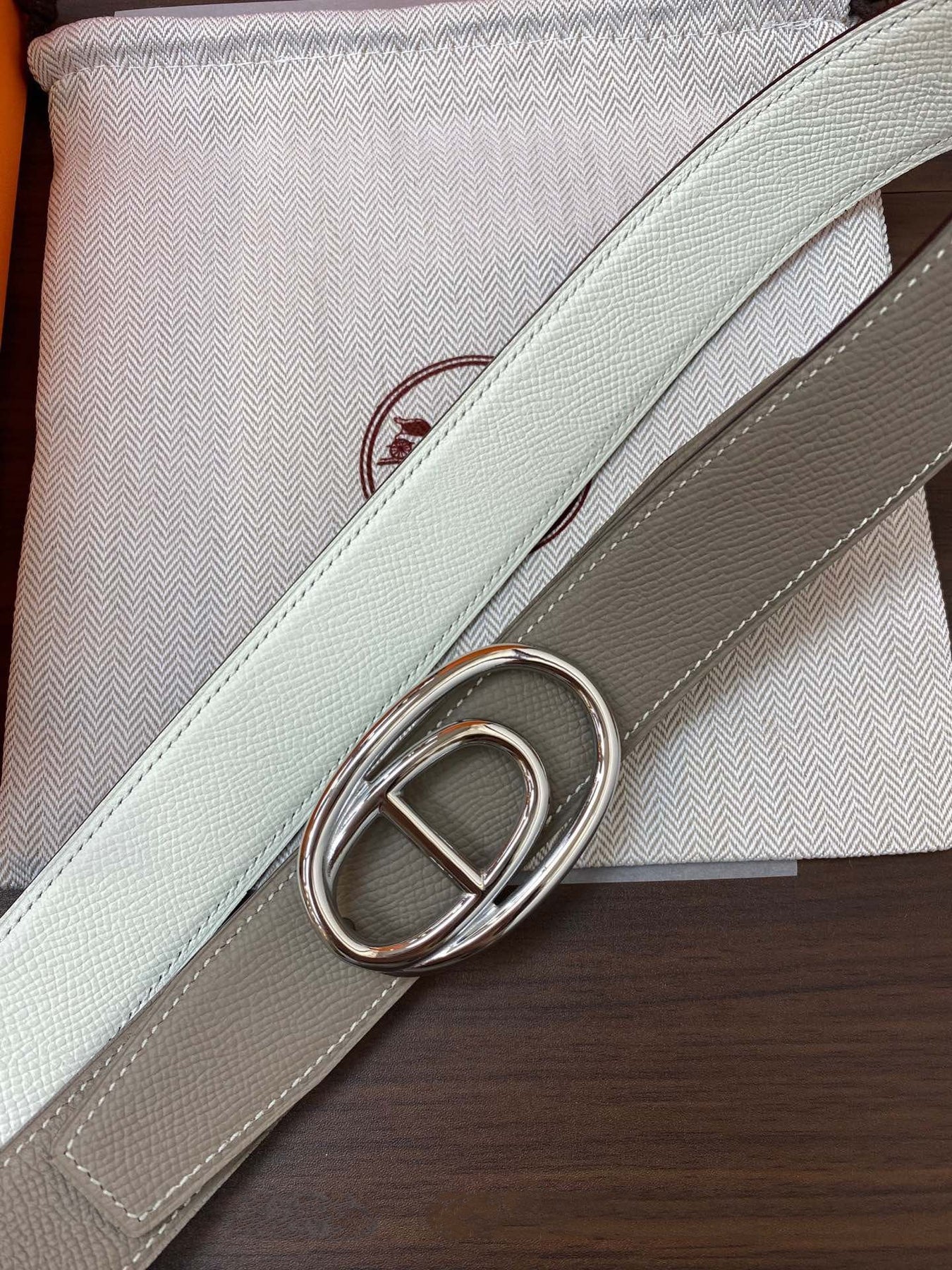 H ODYSSEE RIVERSIBLE BELT 32MM SILVER BUCKLE WHITE GREY LEATHER