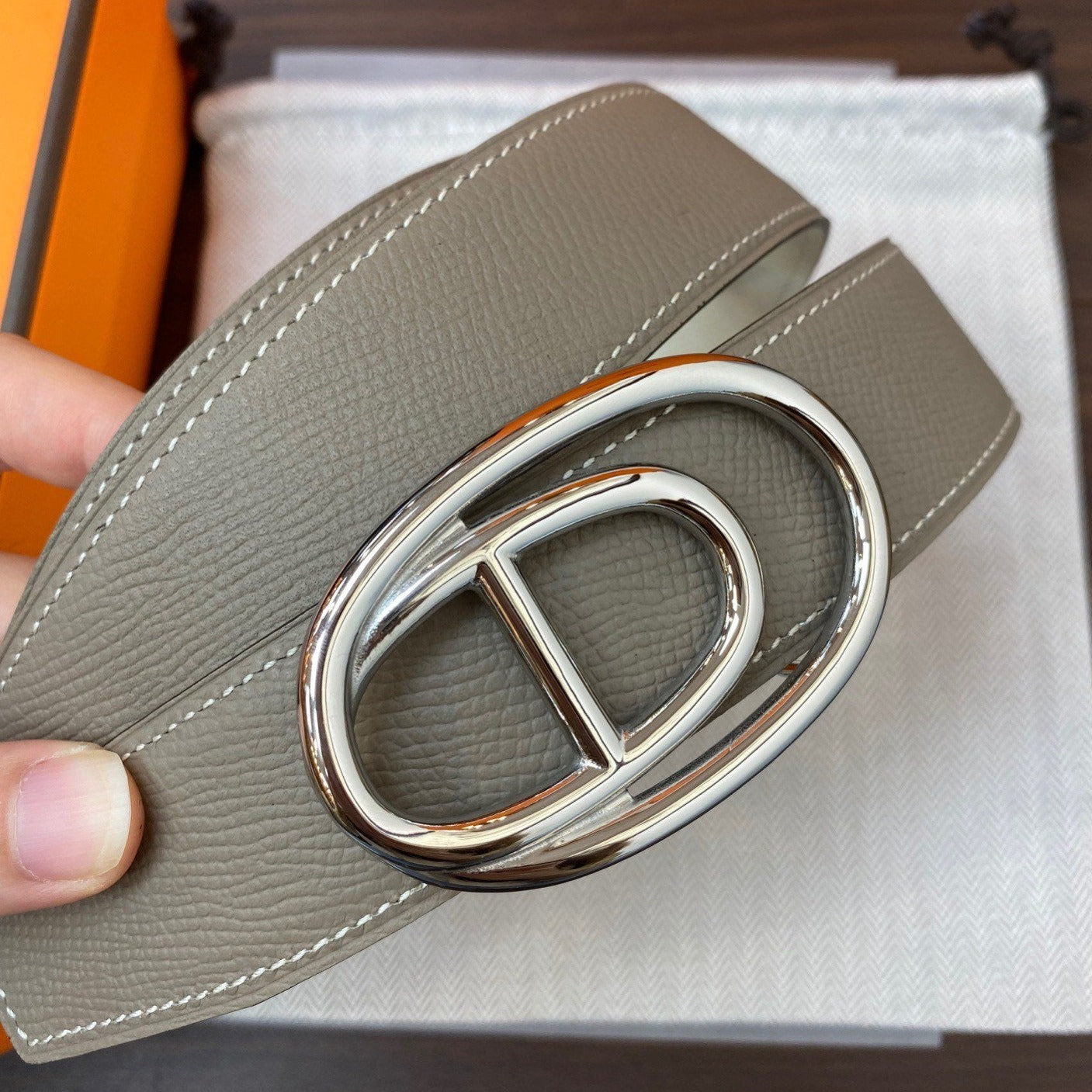 H ODYSSEE RIVERSIBLE BELT 32MM SILVER BUCKLE WHITE GREY LEATHER