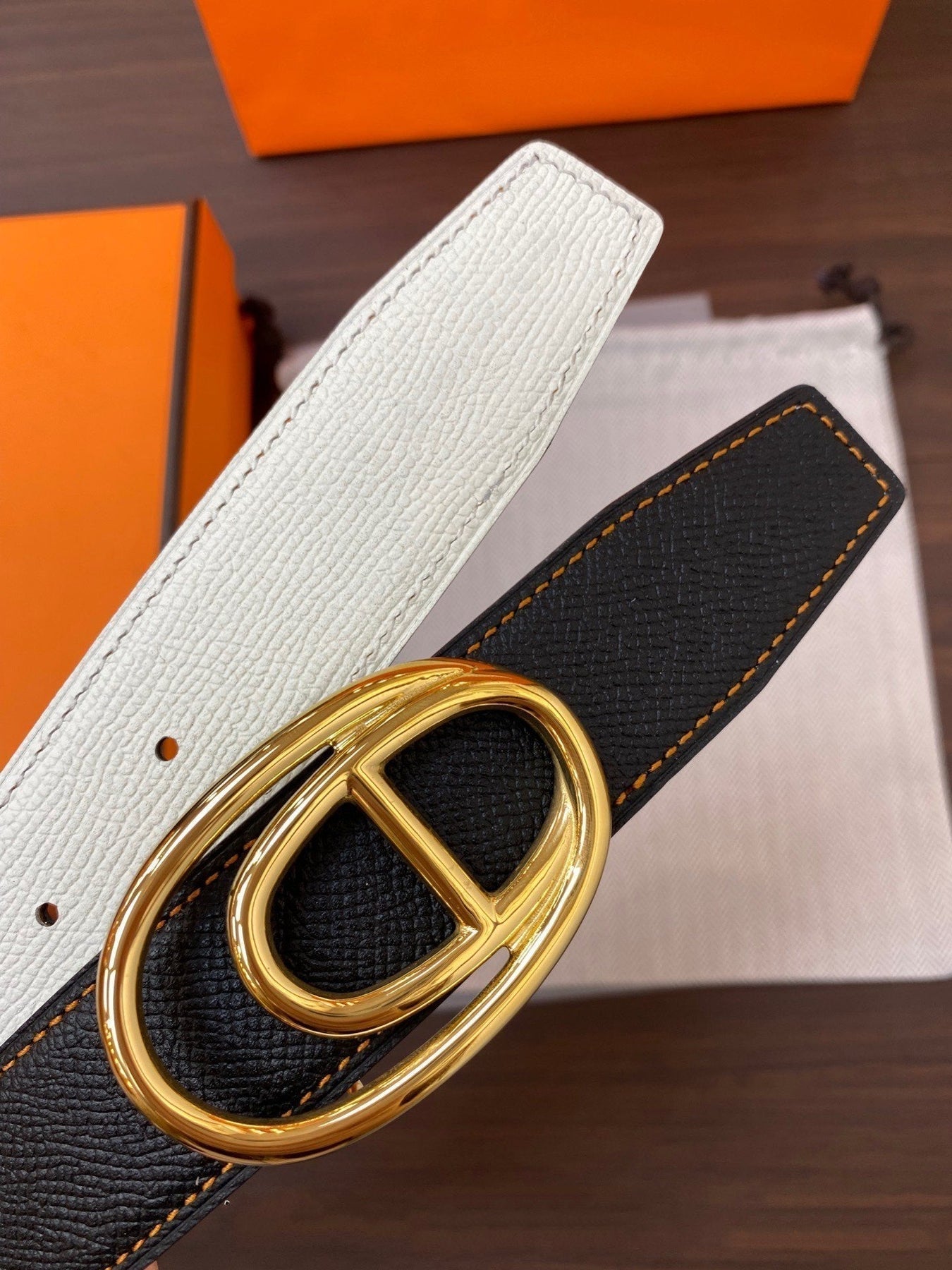 H ODYSSEE RIVERSIBLE BELT 32MM GOLD BUCKLE WHITE BLACK LEATHER