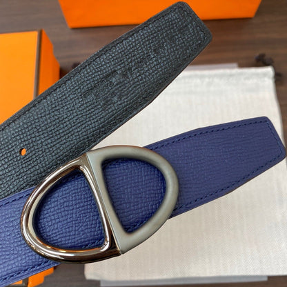 H TWIN REVERSIBLE BELT 32MM BLACK SILVER BUCKLE BLACK BLUE LEATHER